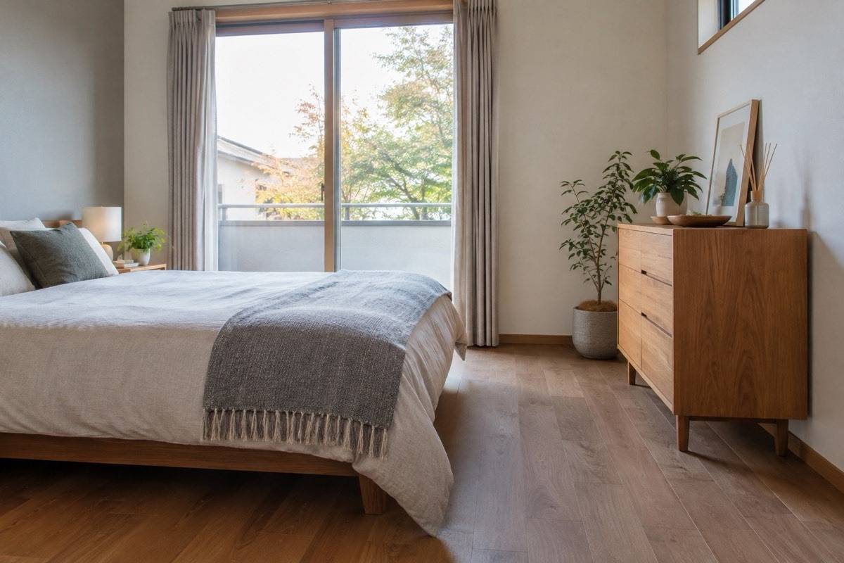 外壁側の家具を少し離した寝室