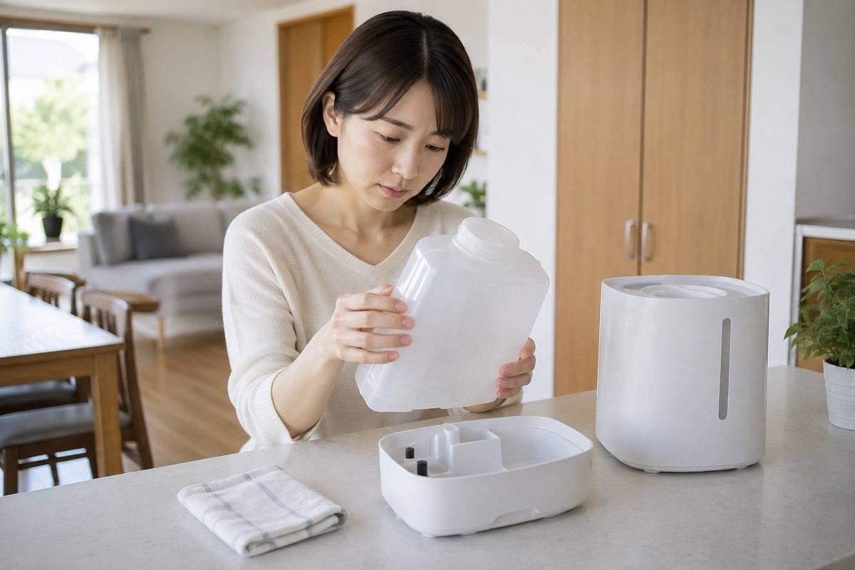 加湿器のタンクとトレーを明るい台で点検