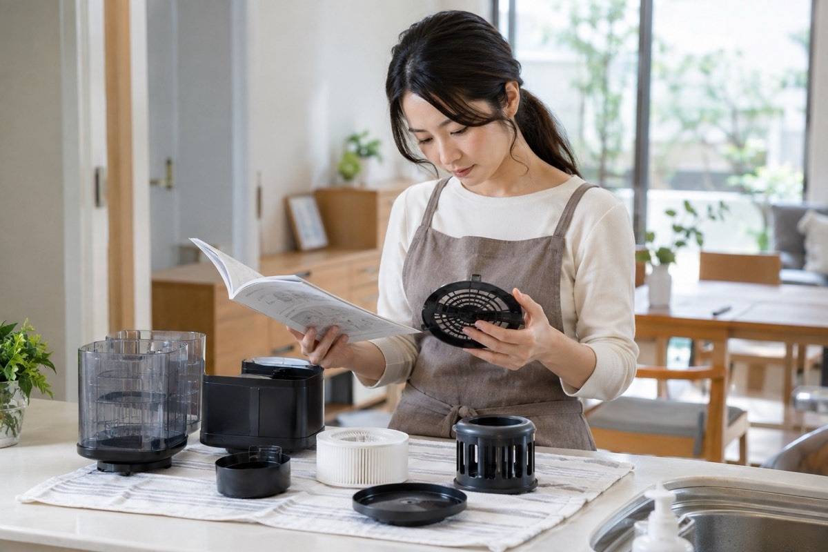 取扱説明書を見ながら部品を乾燥させる場面