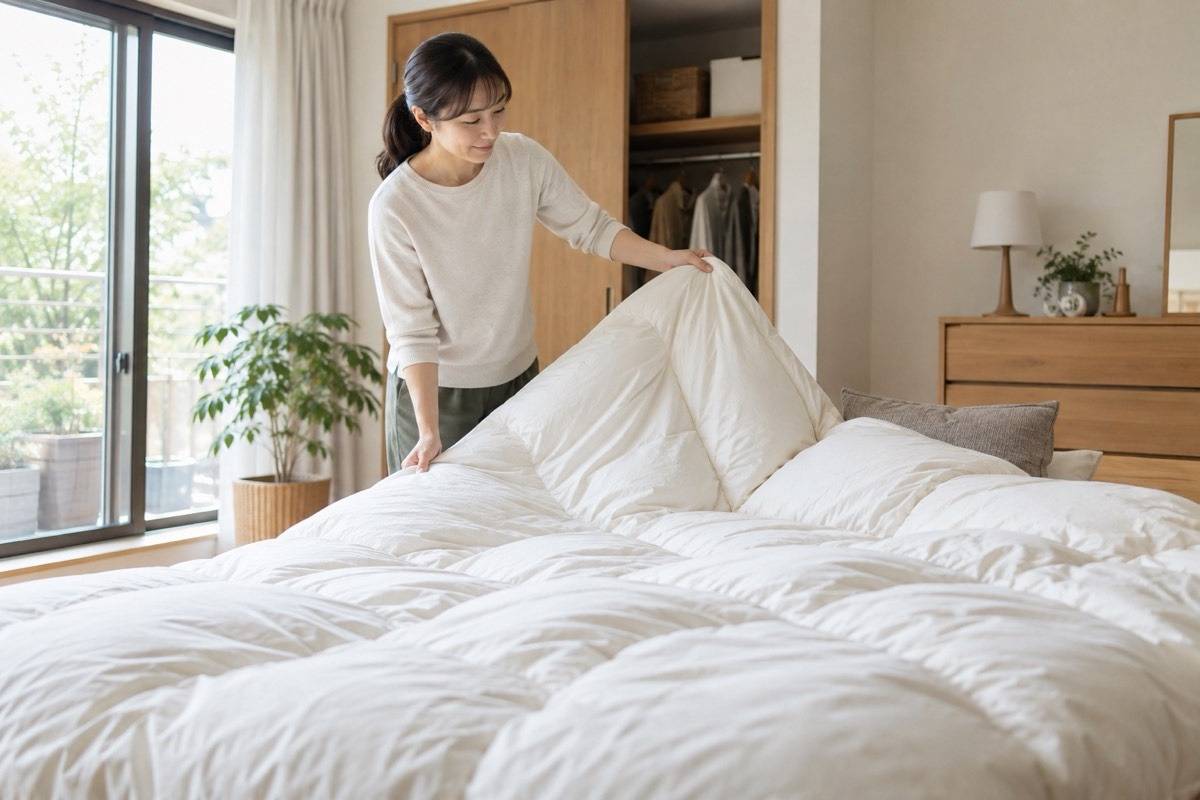 秋に冬布団を広げて状態を確認する寝室