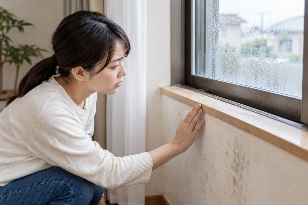 窓と壁の湿りを確認する住人