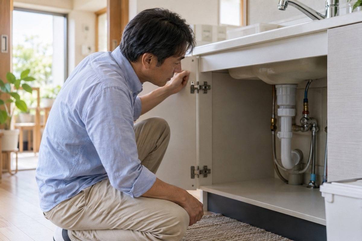 給排水設備の周辺を目視確認する管理者