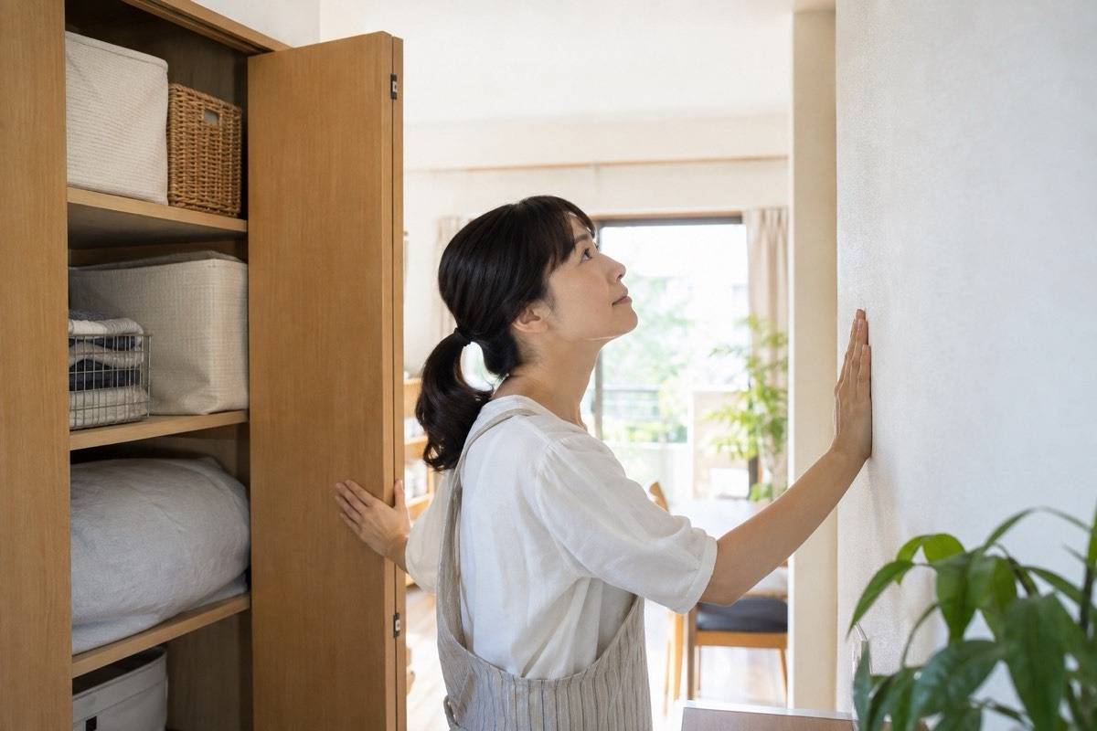 大掃除前の壁と収納を点検する場面