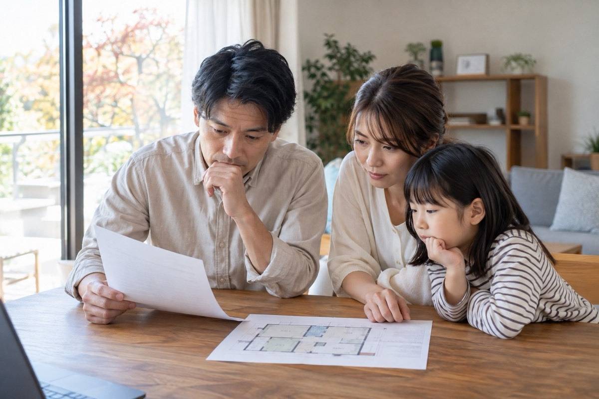 見積書と作業範囲図を確認する家族