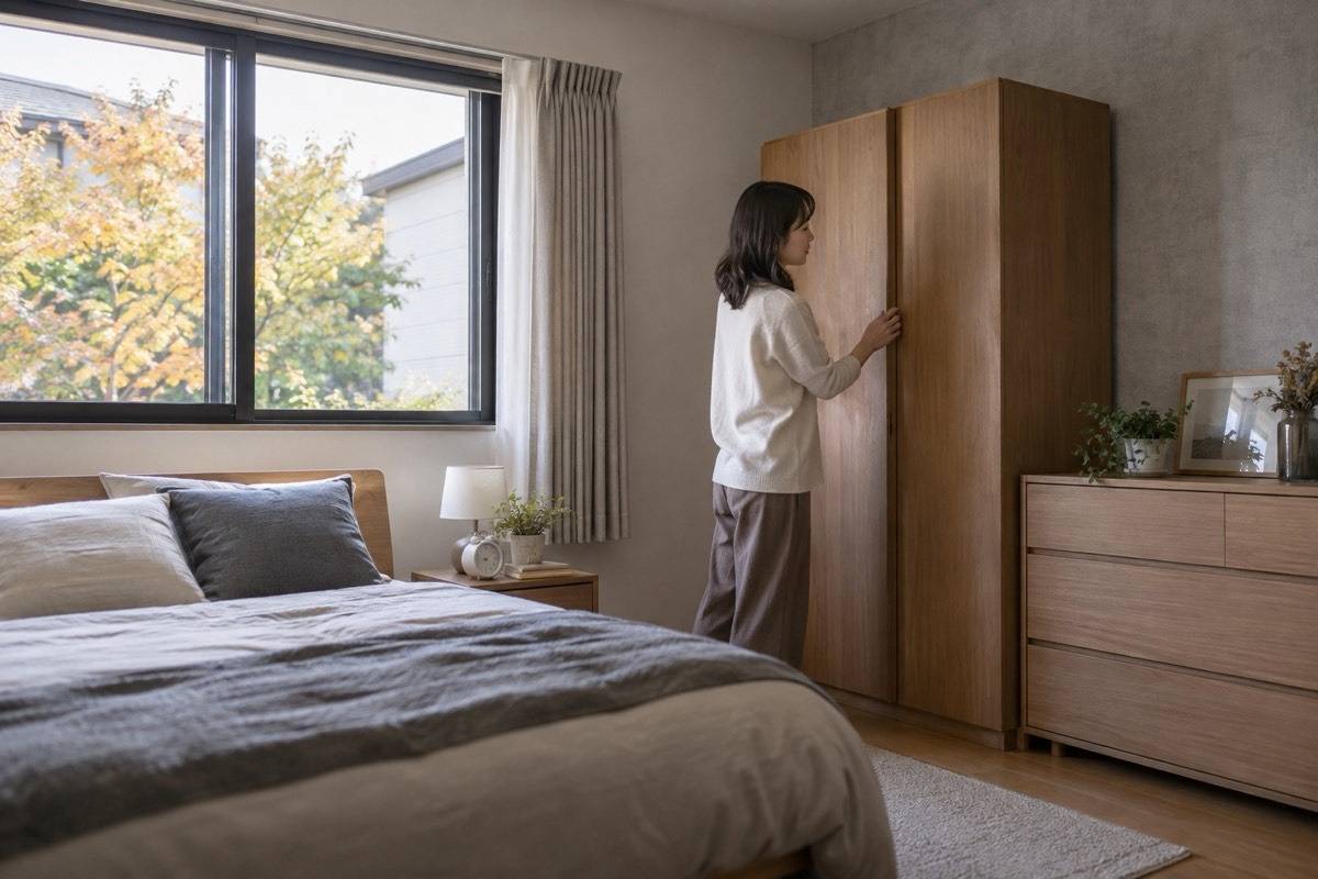 秋の北側の寝室と外壁側の家具