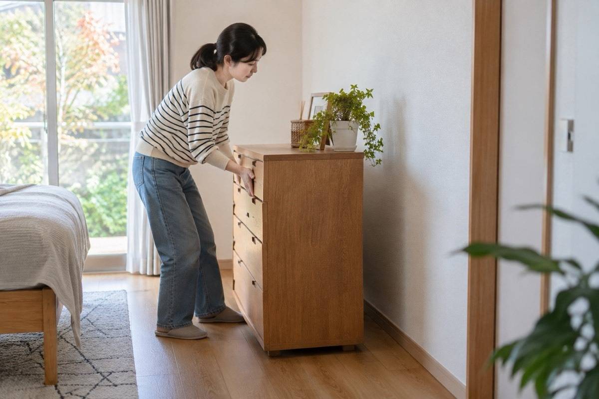 家具を安全に少し離して壁を確認する場面
