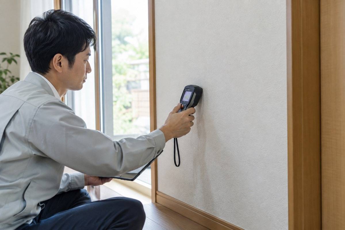 壁の水分を非破壊機器で確認する担当者
