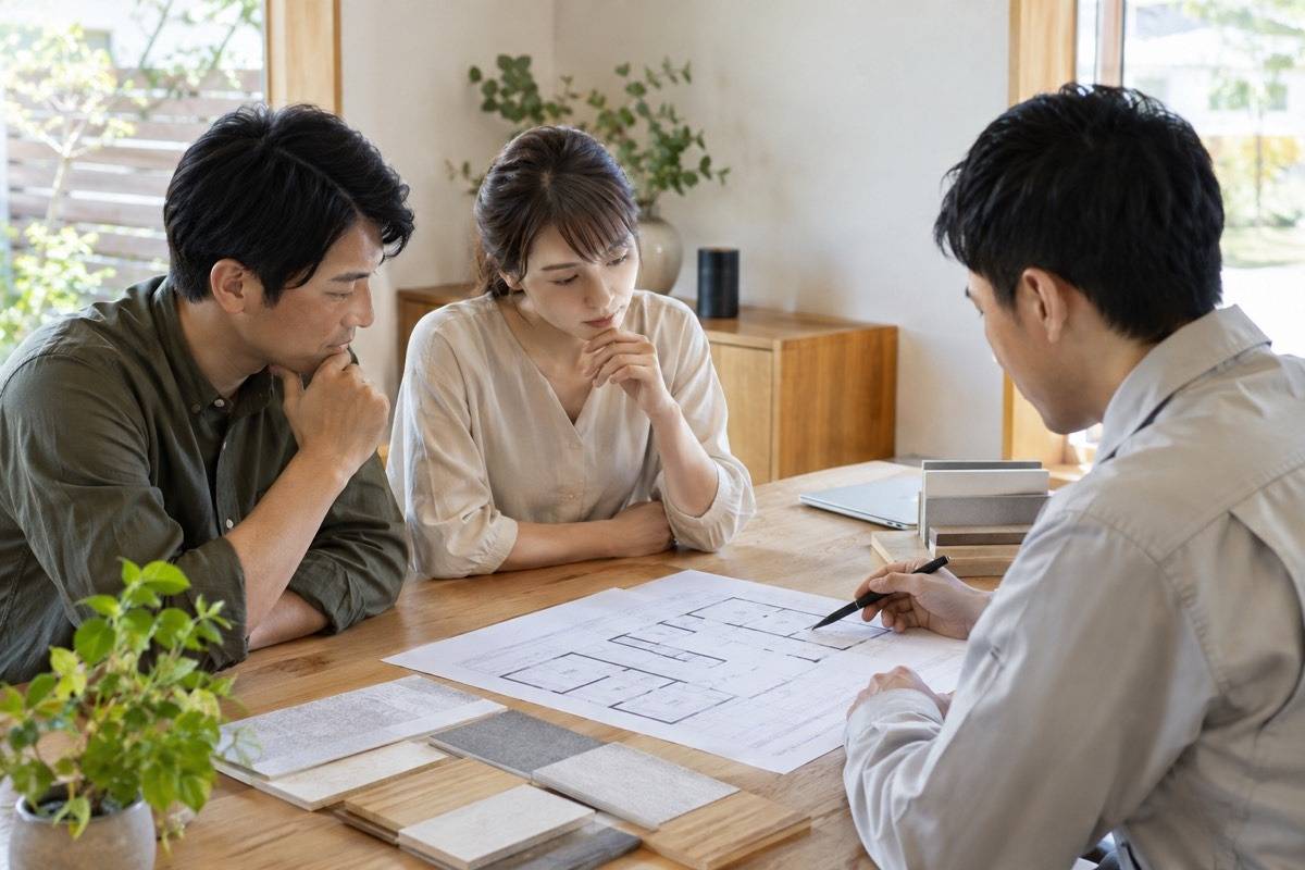 壁紙と下地の施工範囲を図面で相談する机