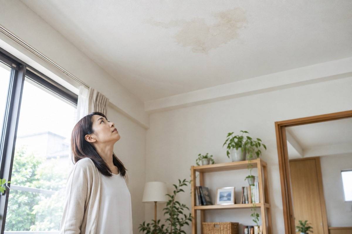 天井の水染みを床から確認する明るい部屋