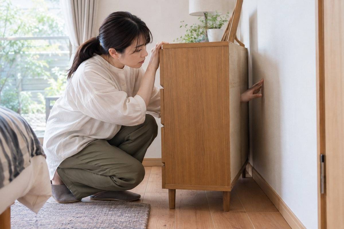 家具の背面と壁を別々に確認する場面