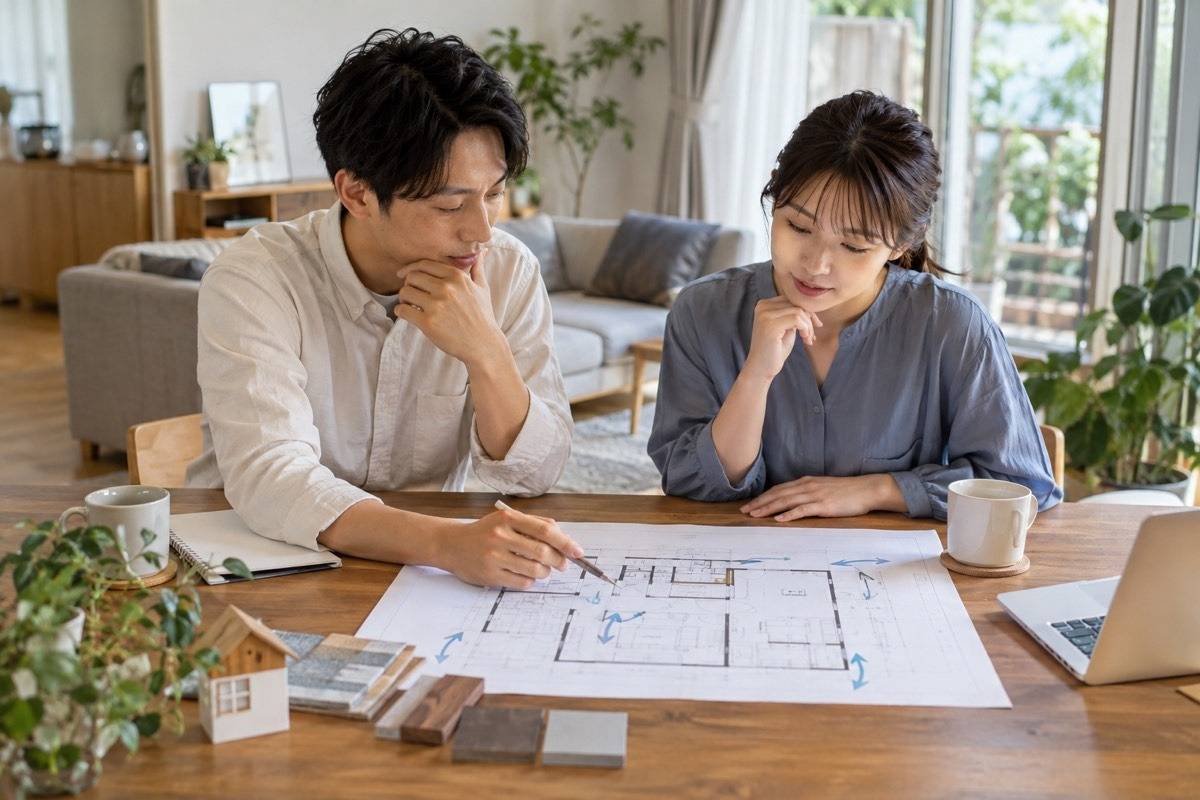 家具配置と換気経路を図面で相談する机