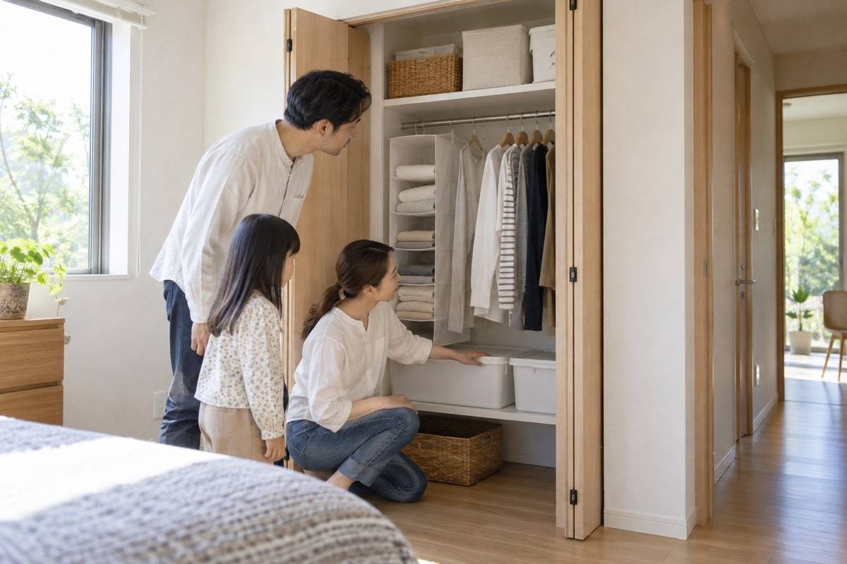 築浅住宅で収納の状態を確認する家族