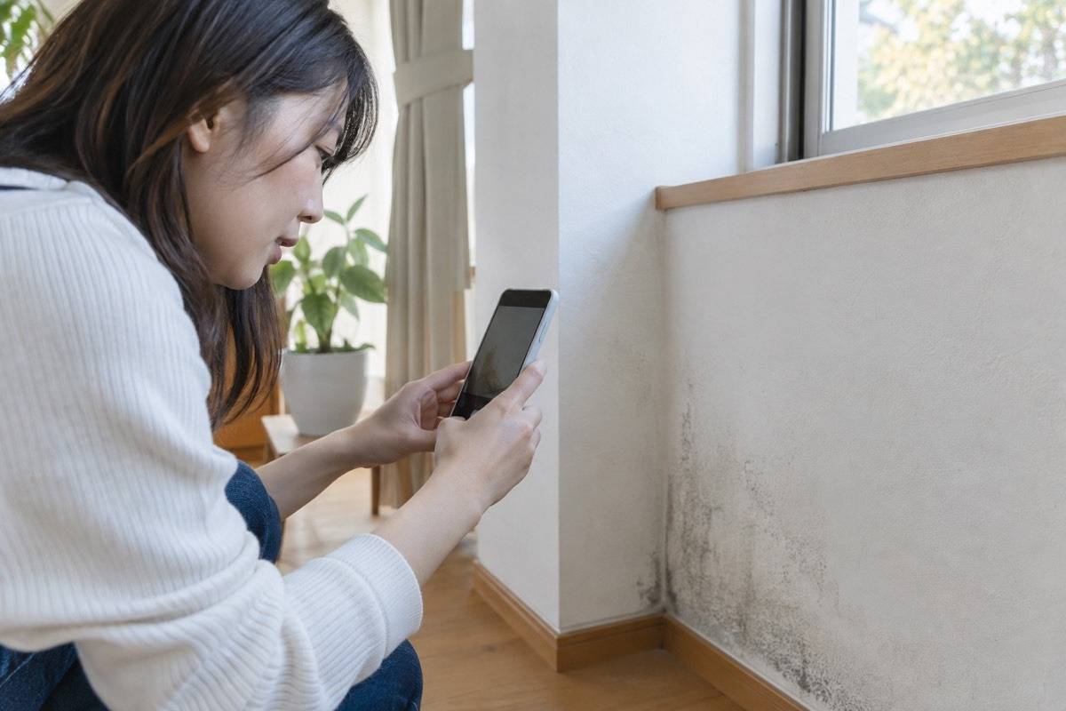 新しい壁の黒ずみを近くから記録する場面