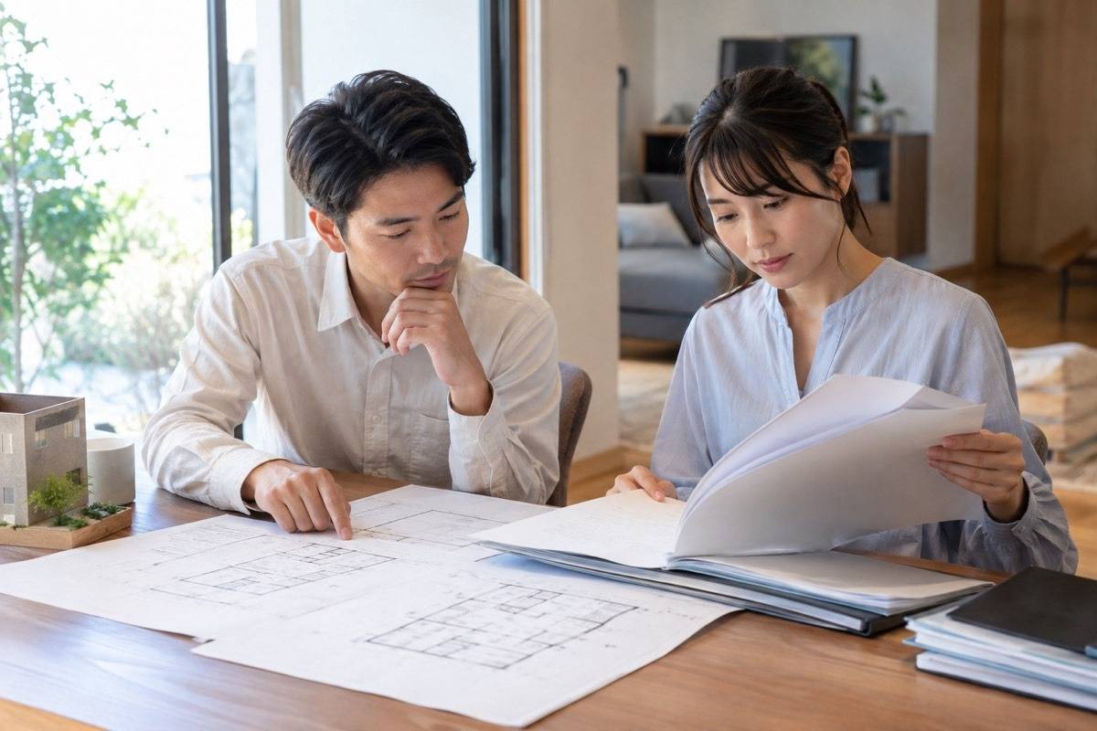 図面と引き渡し書類を確認する机
