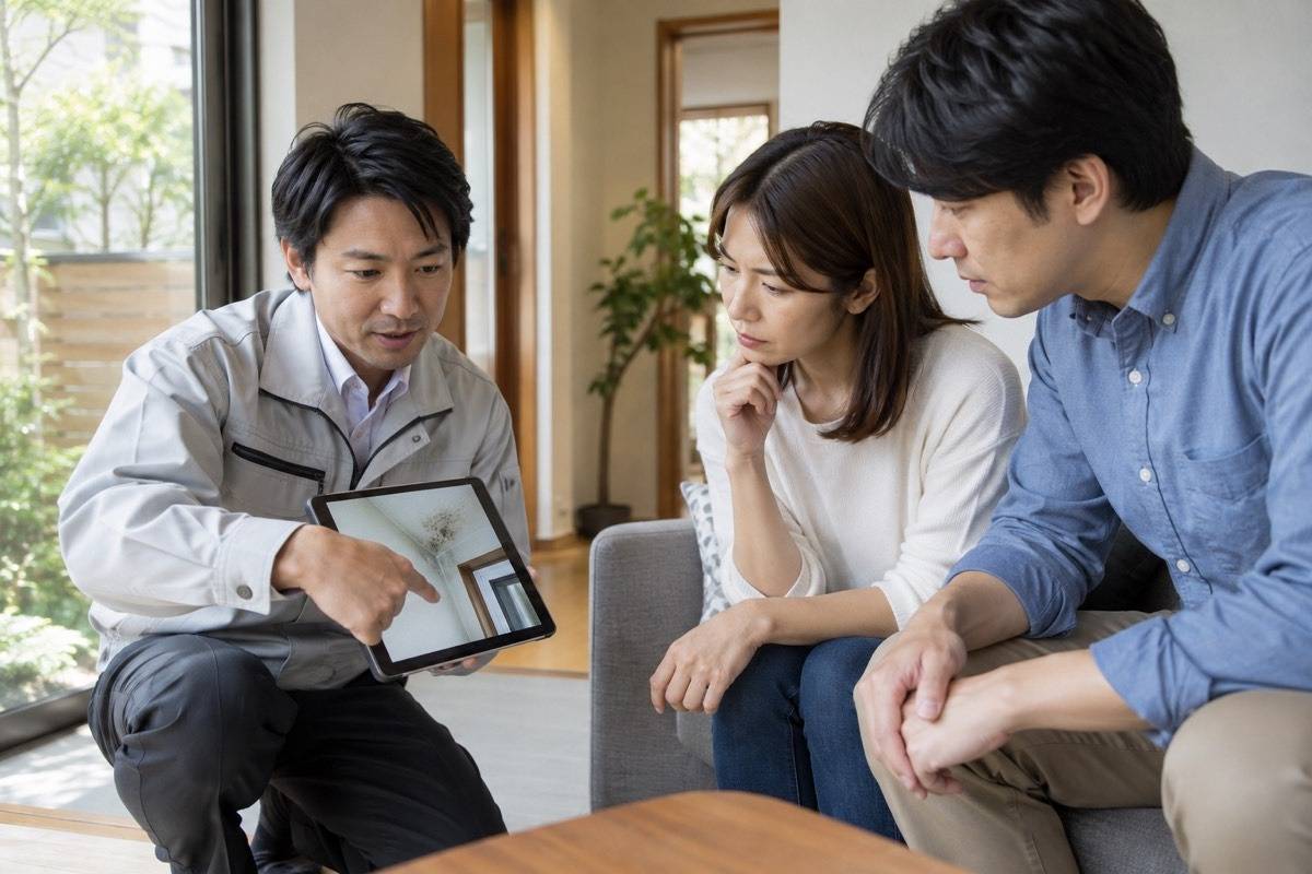 施工会社と専門担当者が写真を確認する相談風景