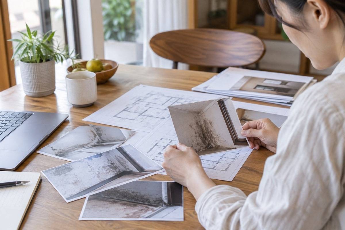 住宅資料とカビ写真を整理する机