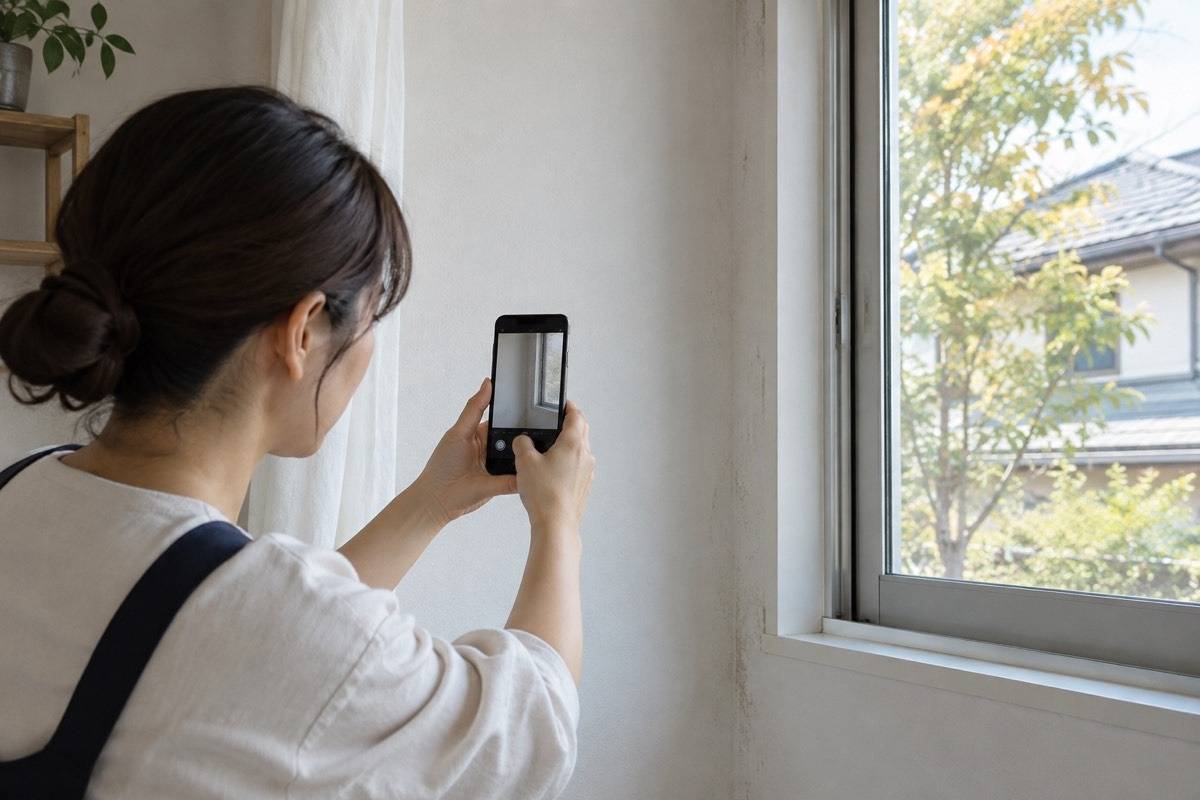 壁と窓周りを写真で記録する場面