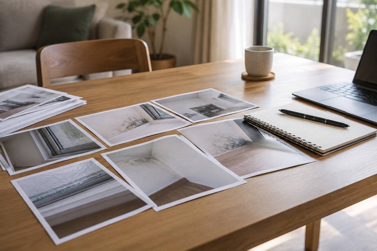 管理会社と相談するための写真資料を整えた机