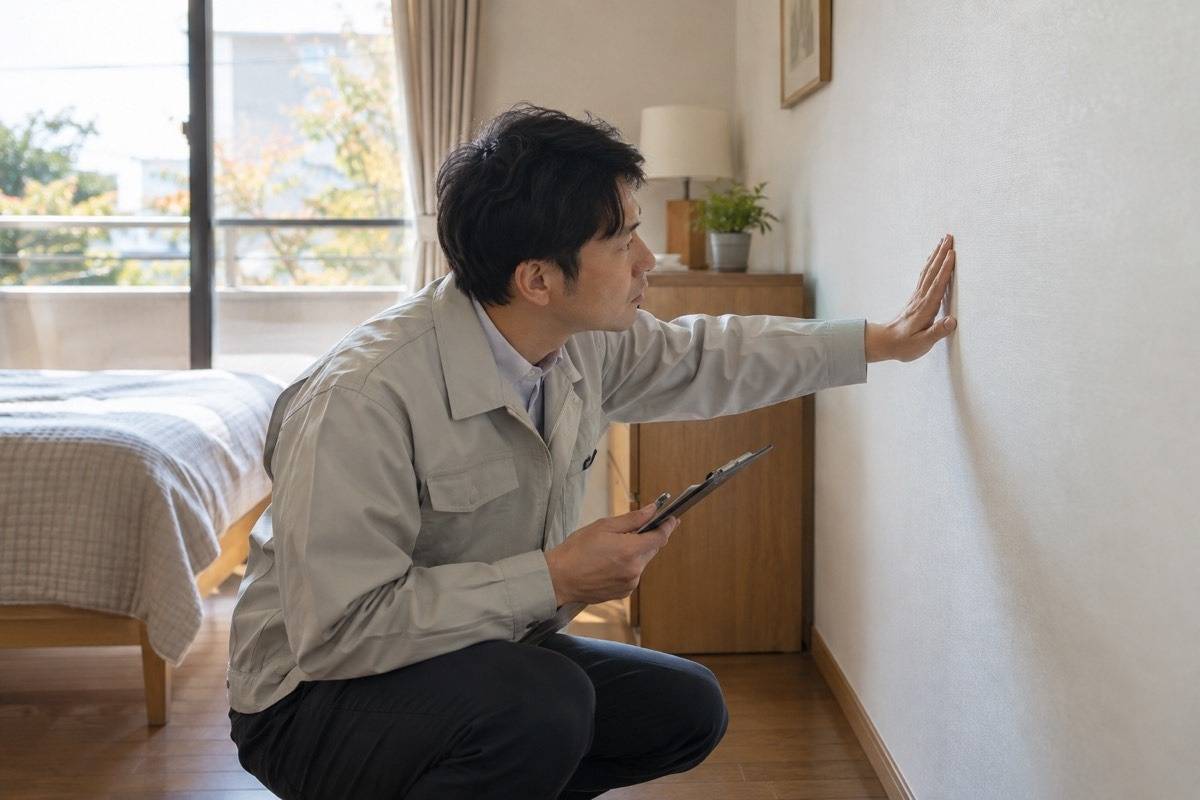 居室の壁を利用者不在時に点検する担当者