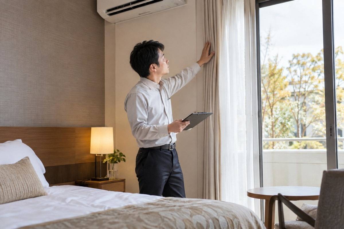 客室の壁と空調周辺を確認する担当者