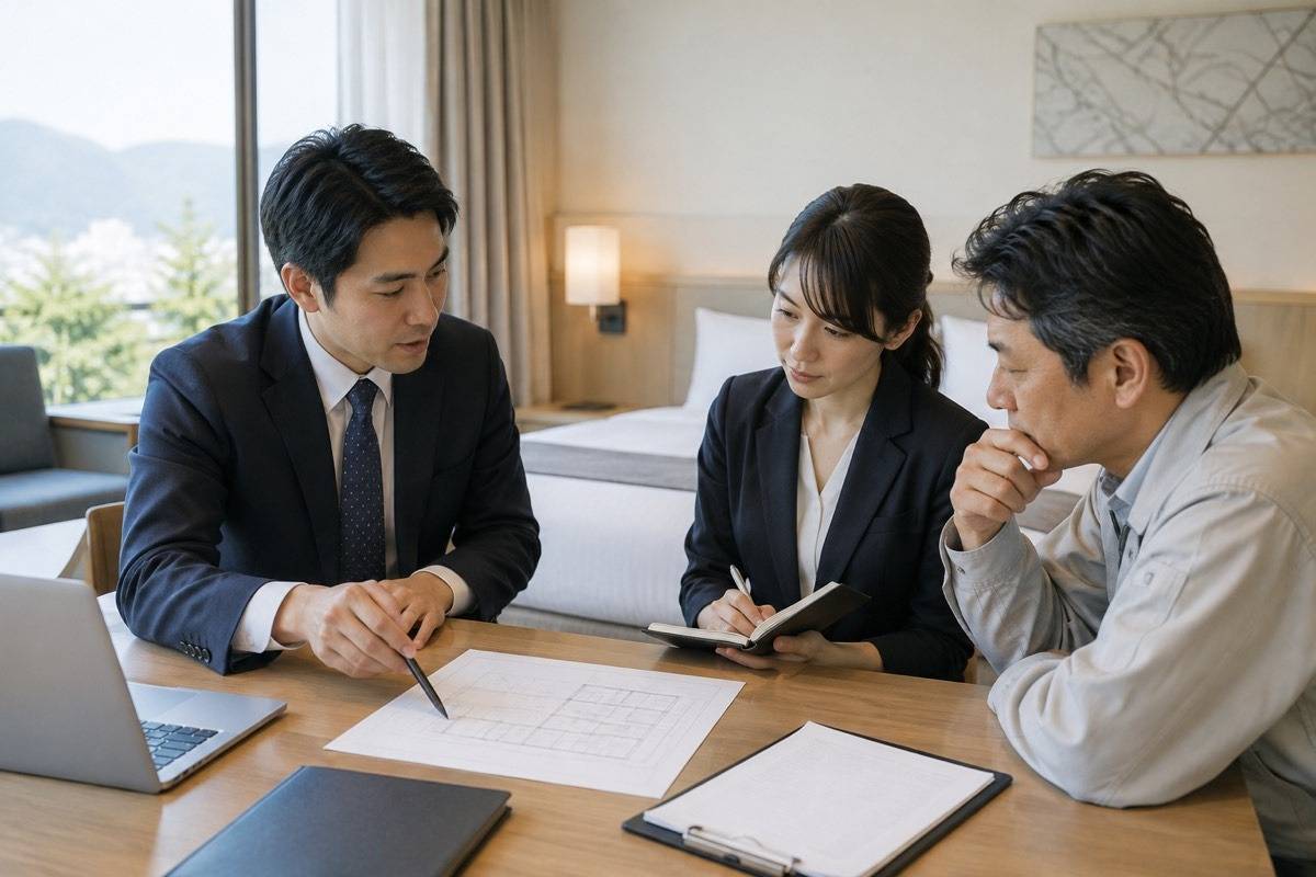 ホテル担当者と休室工程を相談する机