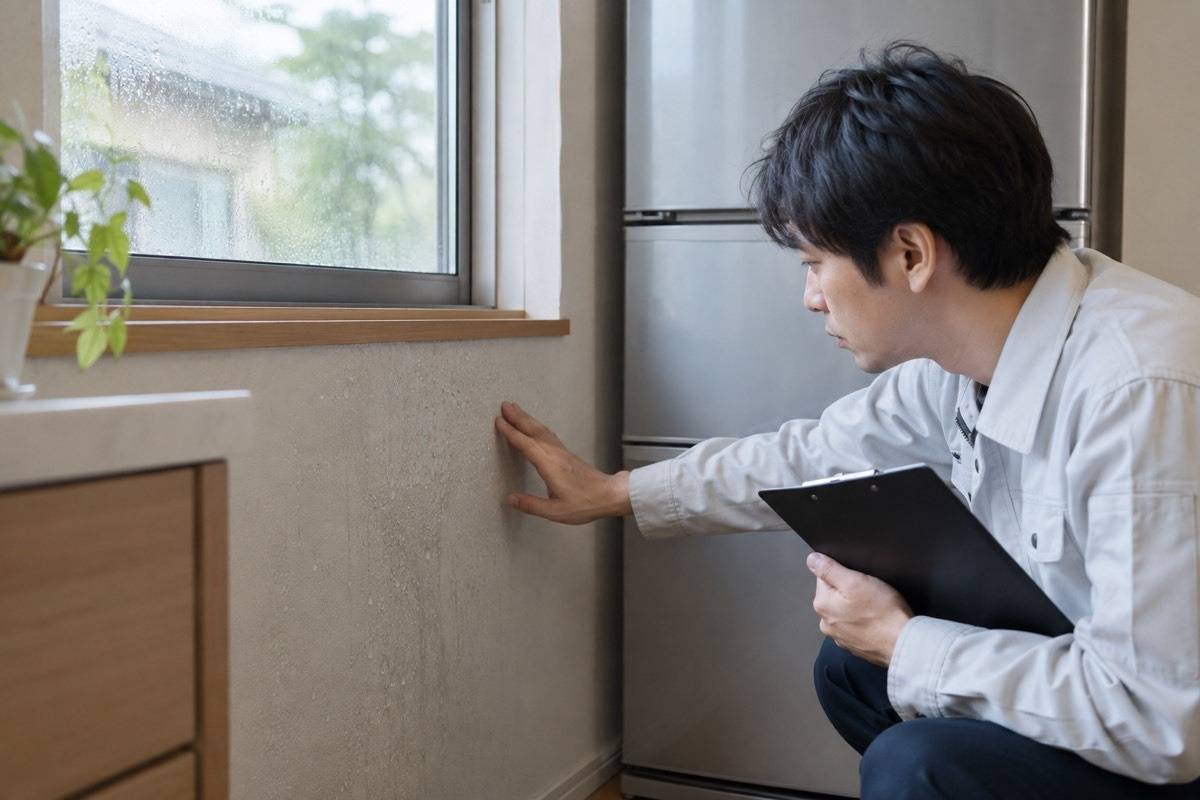 冷所近くの壁面結露を確認する担当者
