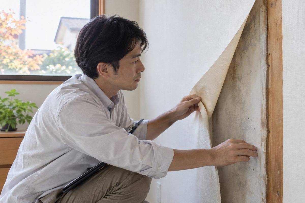 壁紙を一部外して下地を確認する担当者