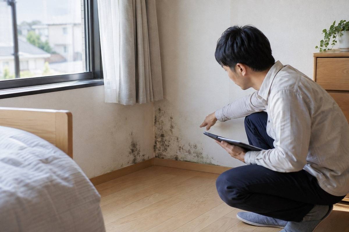 カビがある部屋の作業範囲を確認する場面