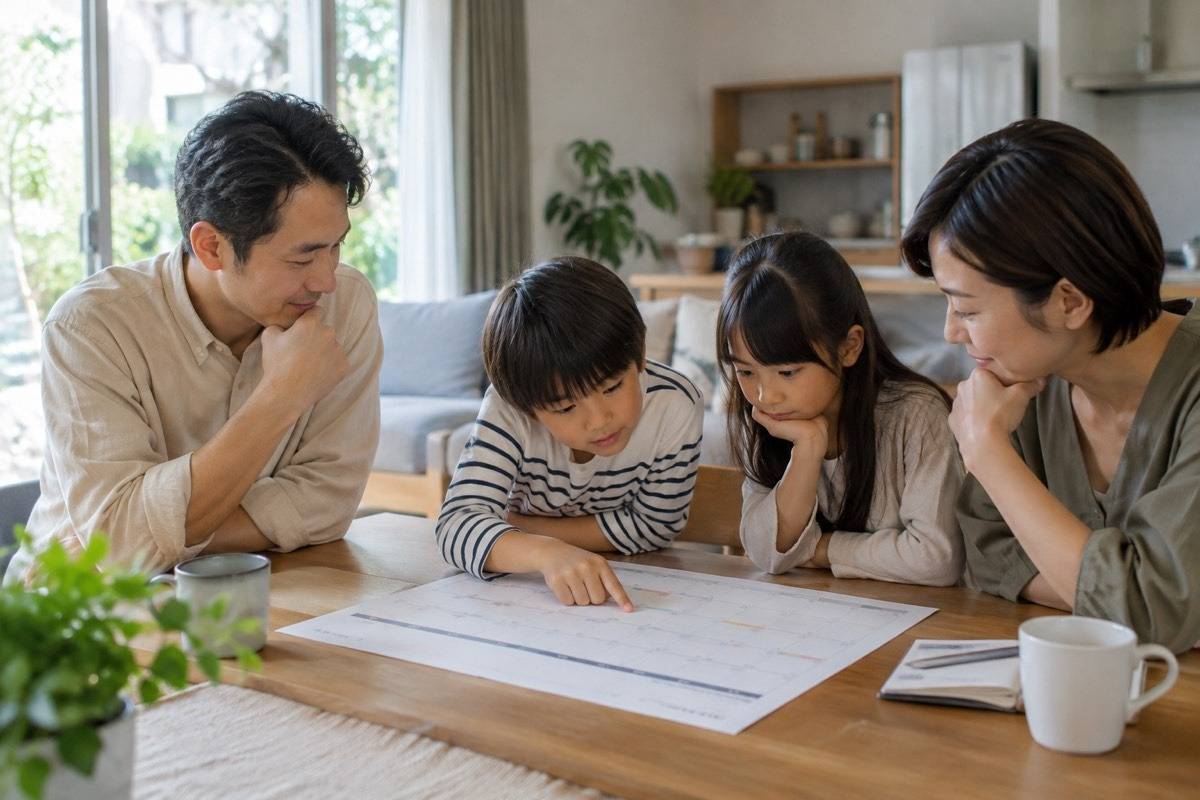 年末までの工程表を家族で確認する机