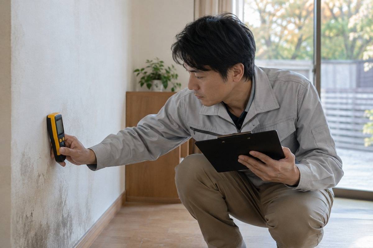 修理前の壁の水分を確認する担当者