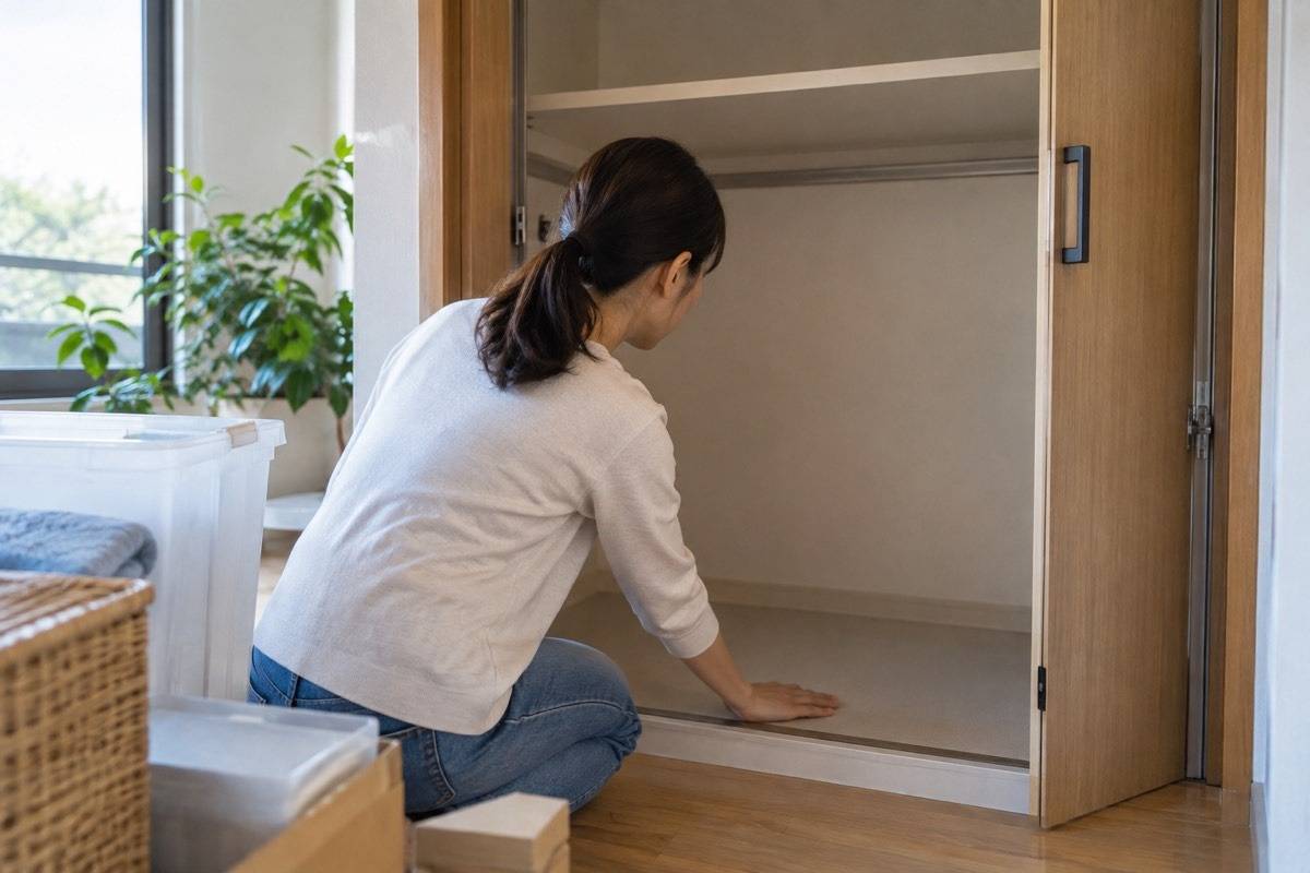 北側収納の奥を空にして確認する場面