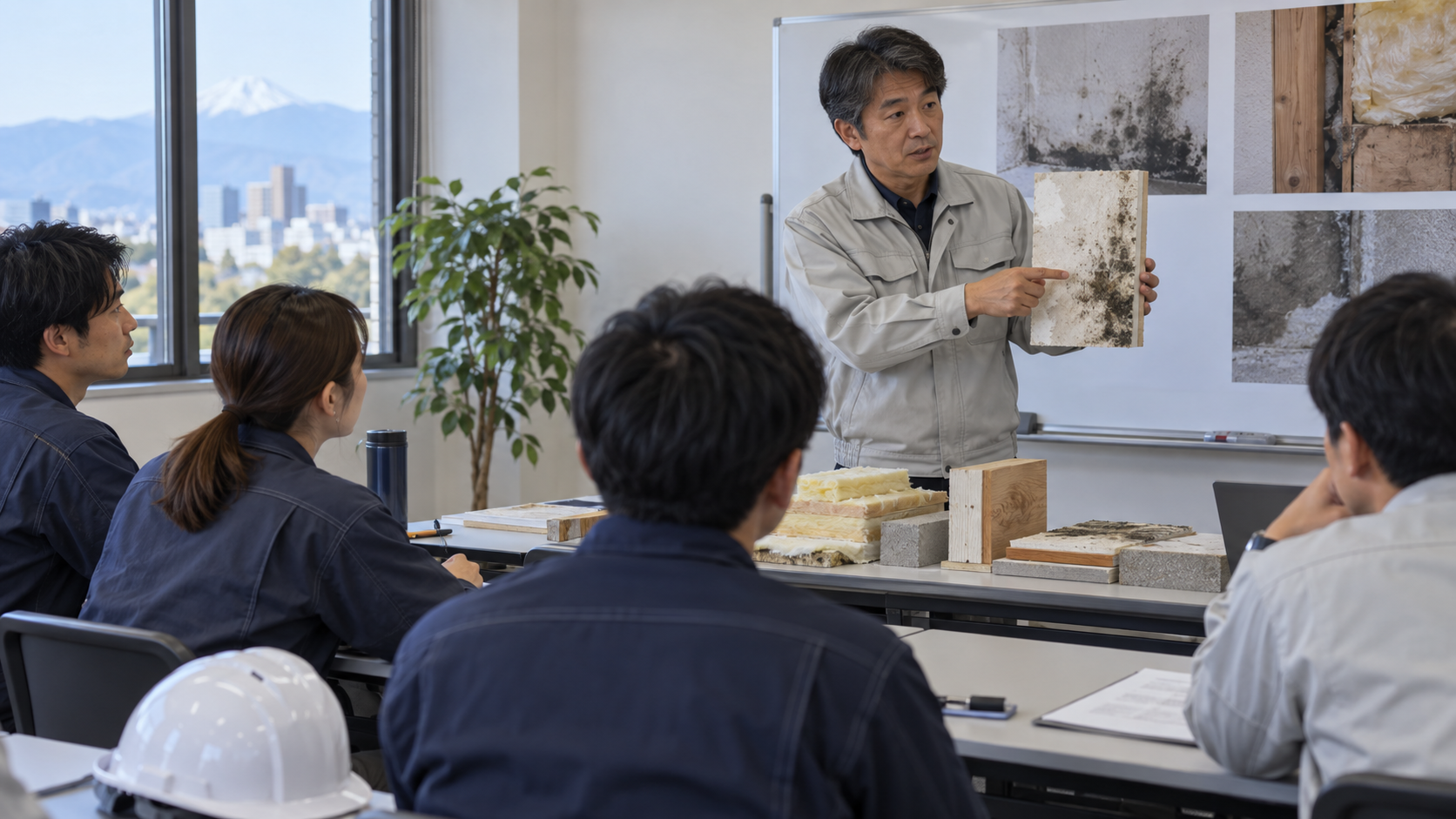 講習室でカビの発生条件を説明する研修風景