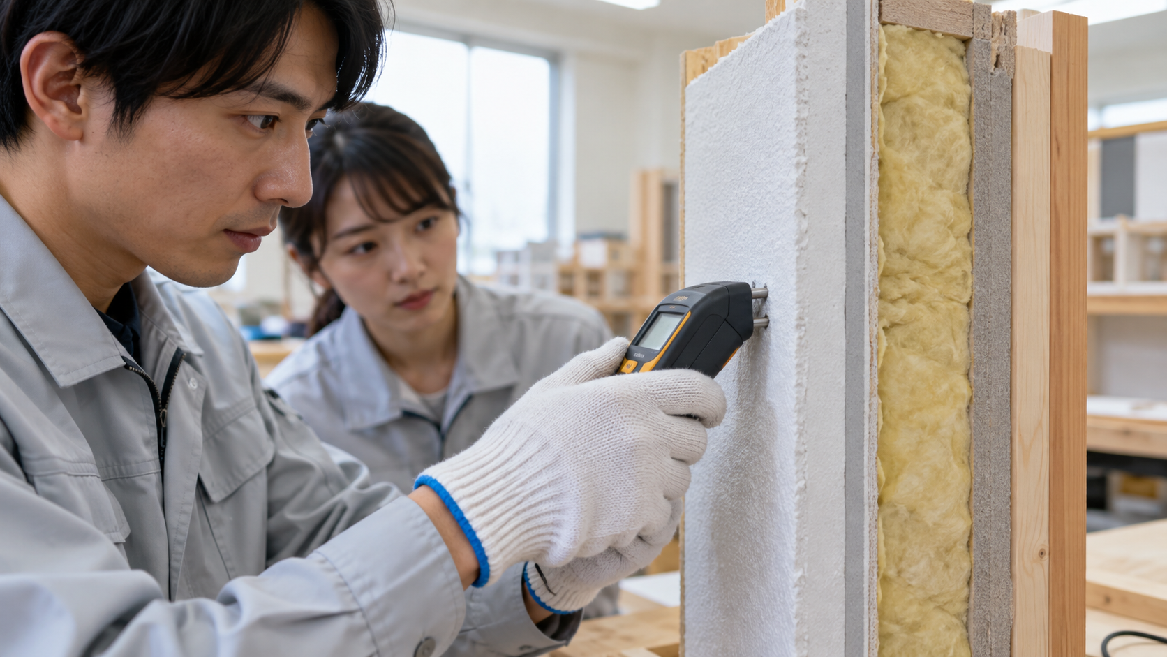 壁の模型で水分を調べる点検実習