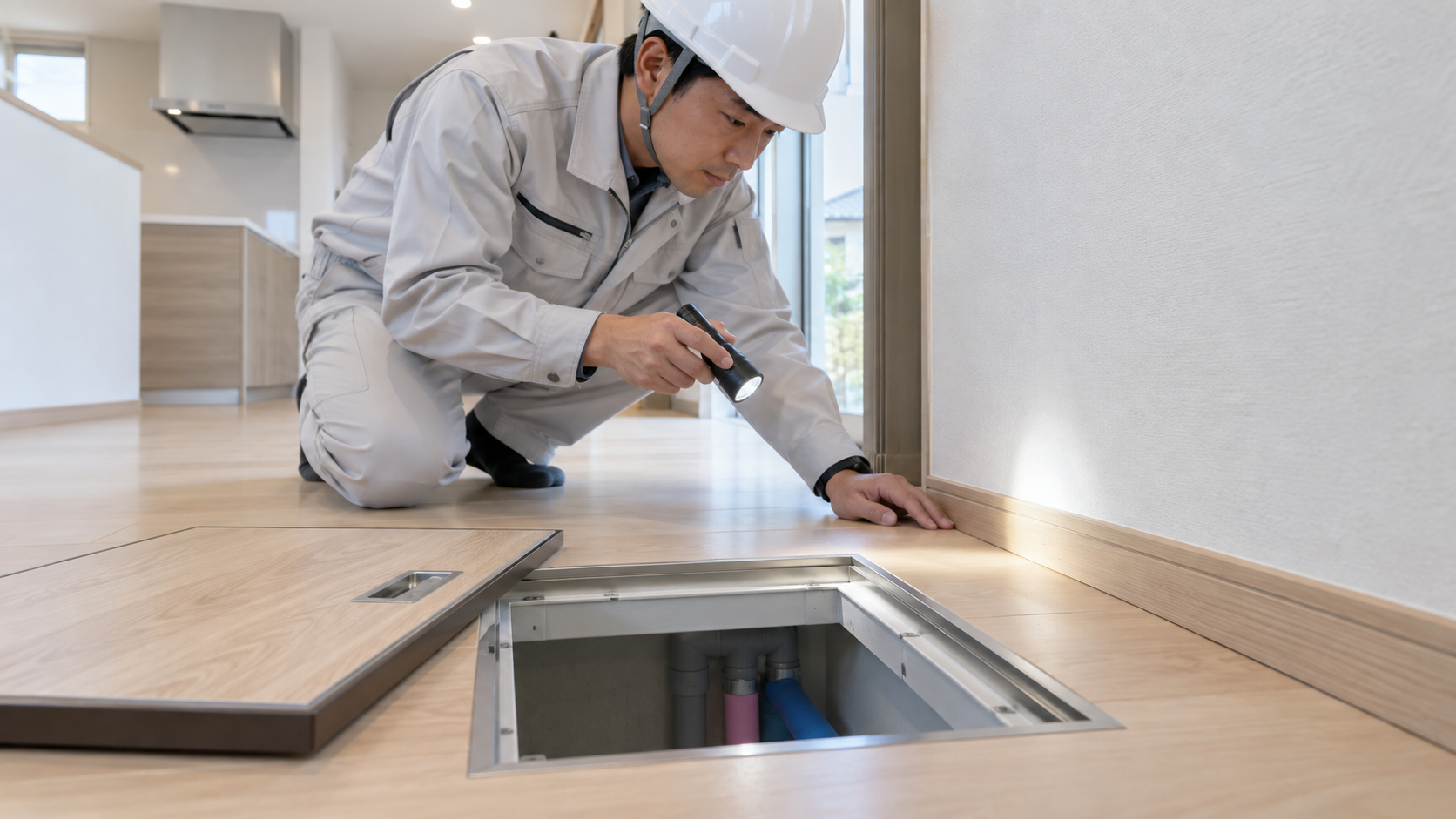 新築住宅の床下点検口を確認する技術者