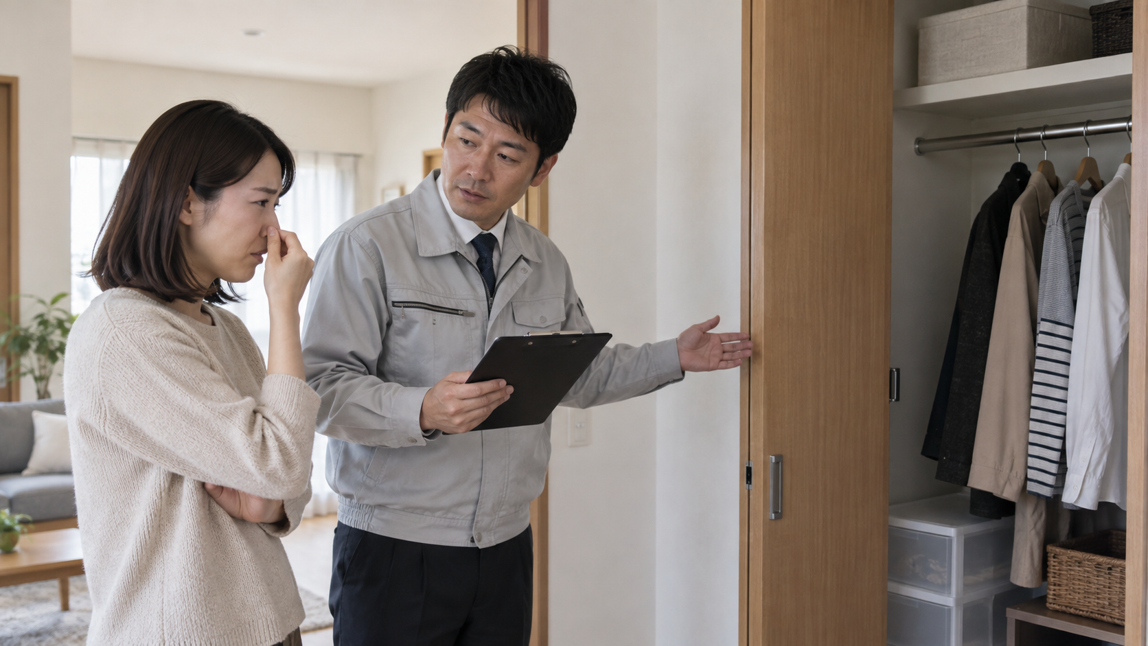 新築住宅の収納でにおいについて相談する様子