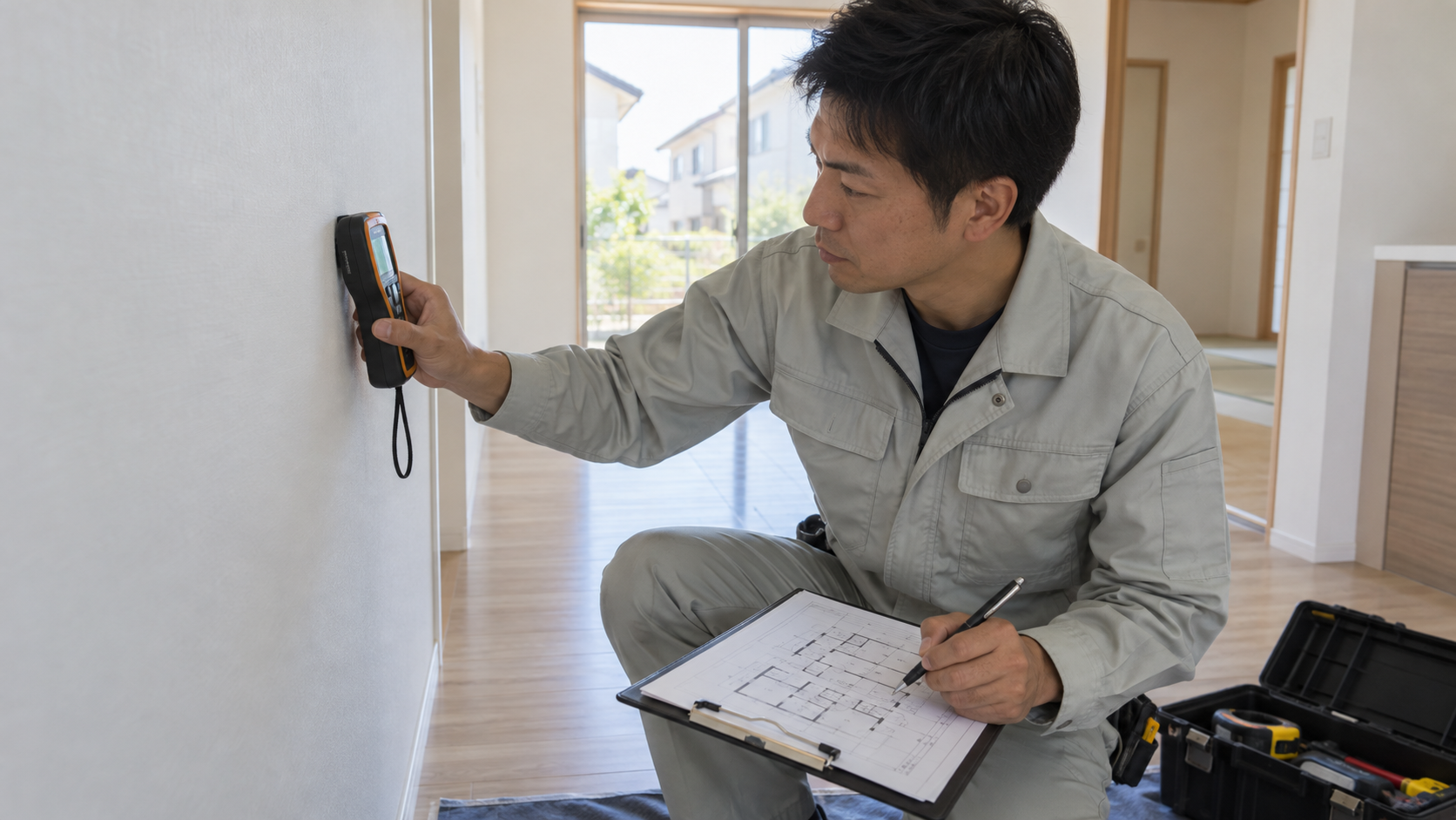 新築住宅の壁の含水状態を測る技術者