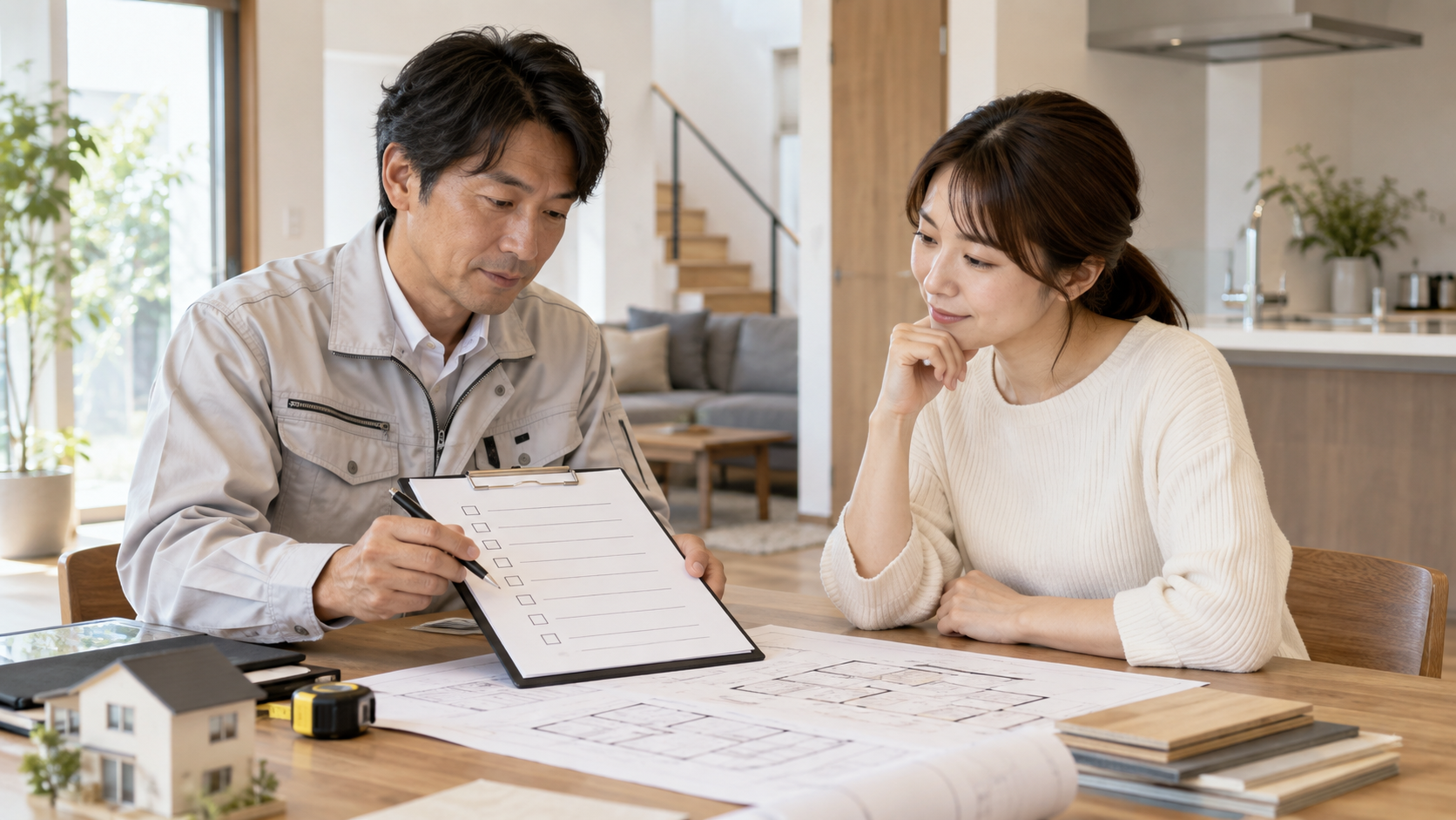 調査結果と図面を施主に説明する担当者