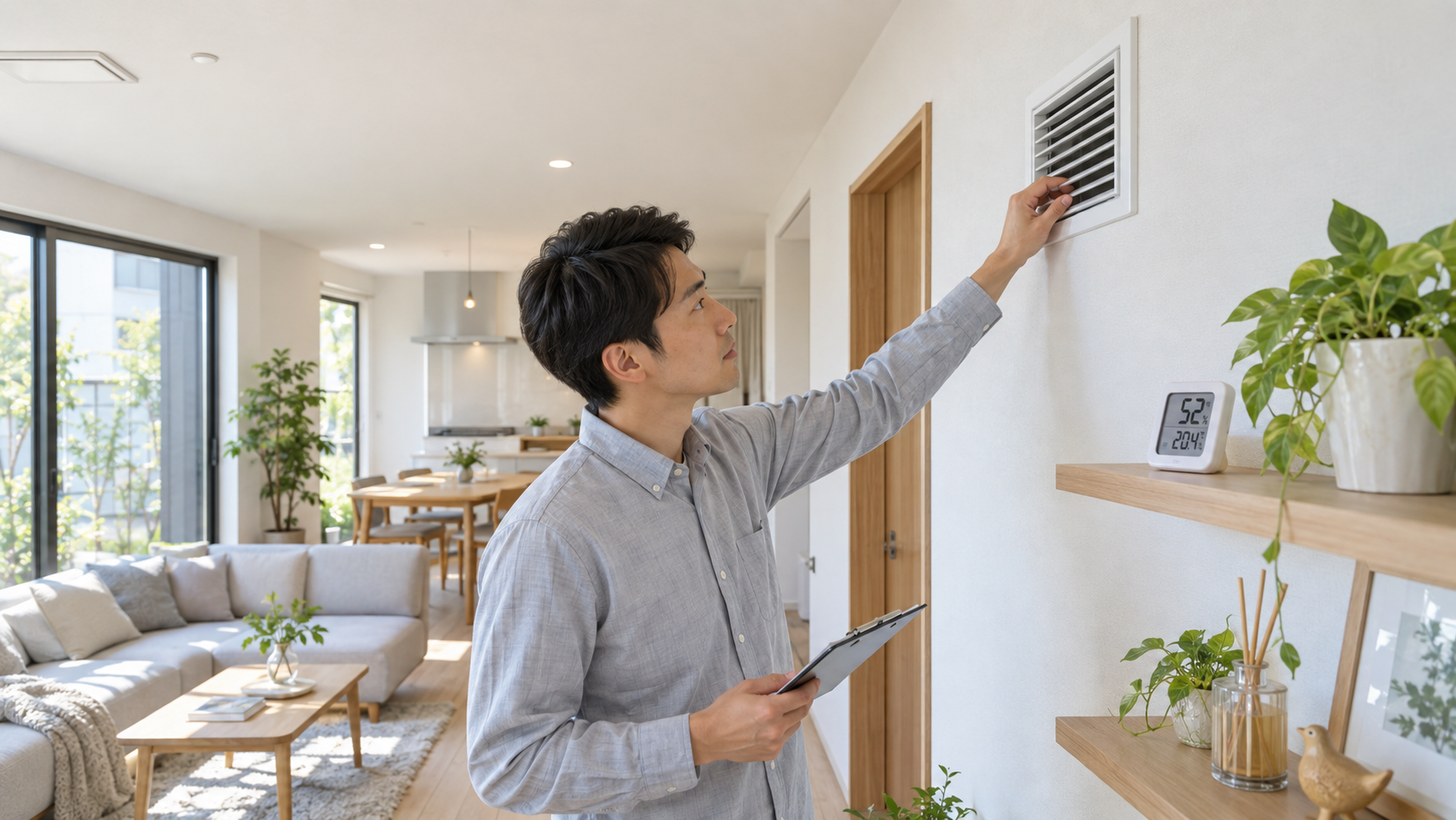 換気設備と湿度管理を確認する住人