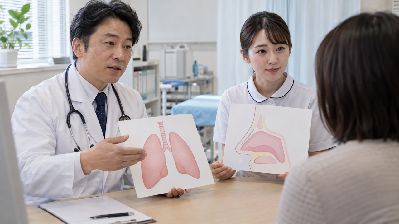 医療機関で肺と鼻の症状を説明する医師
