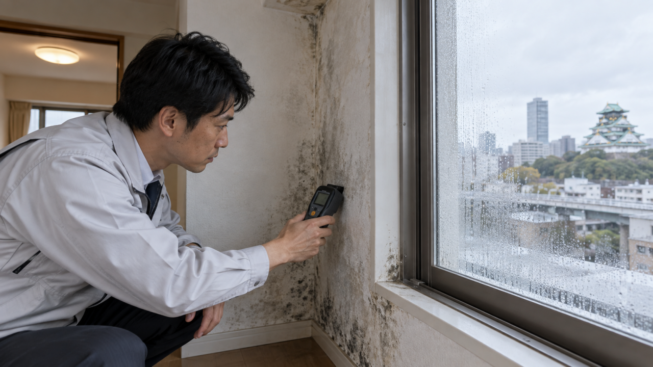 住宅の壁の湿りを調べる技術者