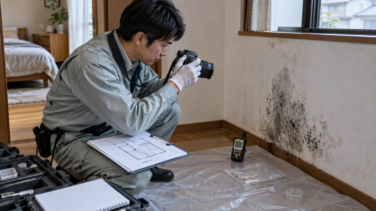 住宅の湿った壁を写真で記録する調査員