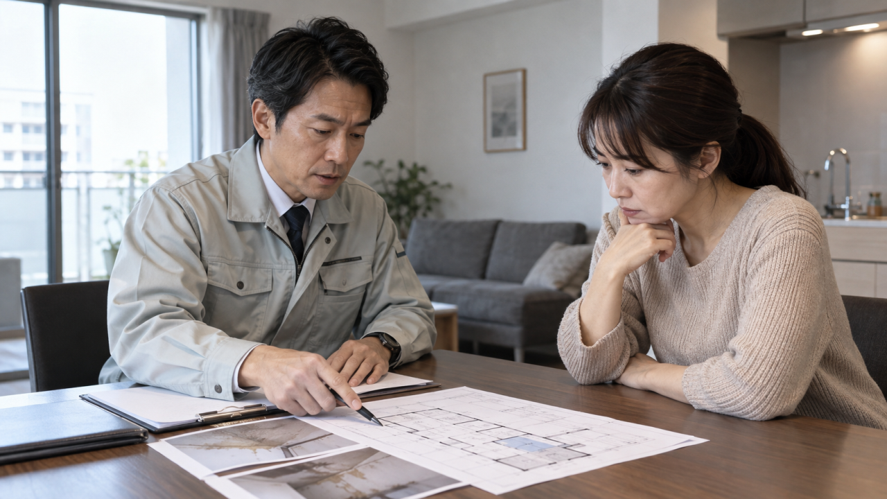 住宅管理者と住人が漏水の資料を確認する場面