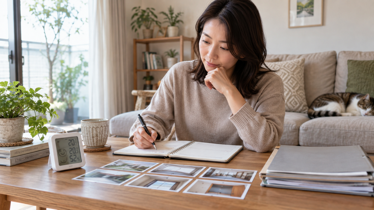 住宅調査の記録を整理して次の行動を考える場面