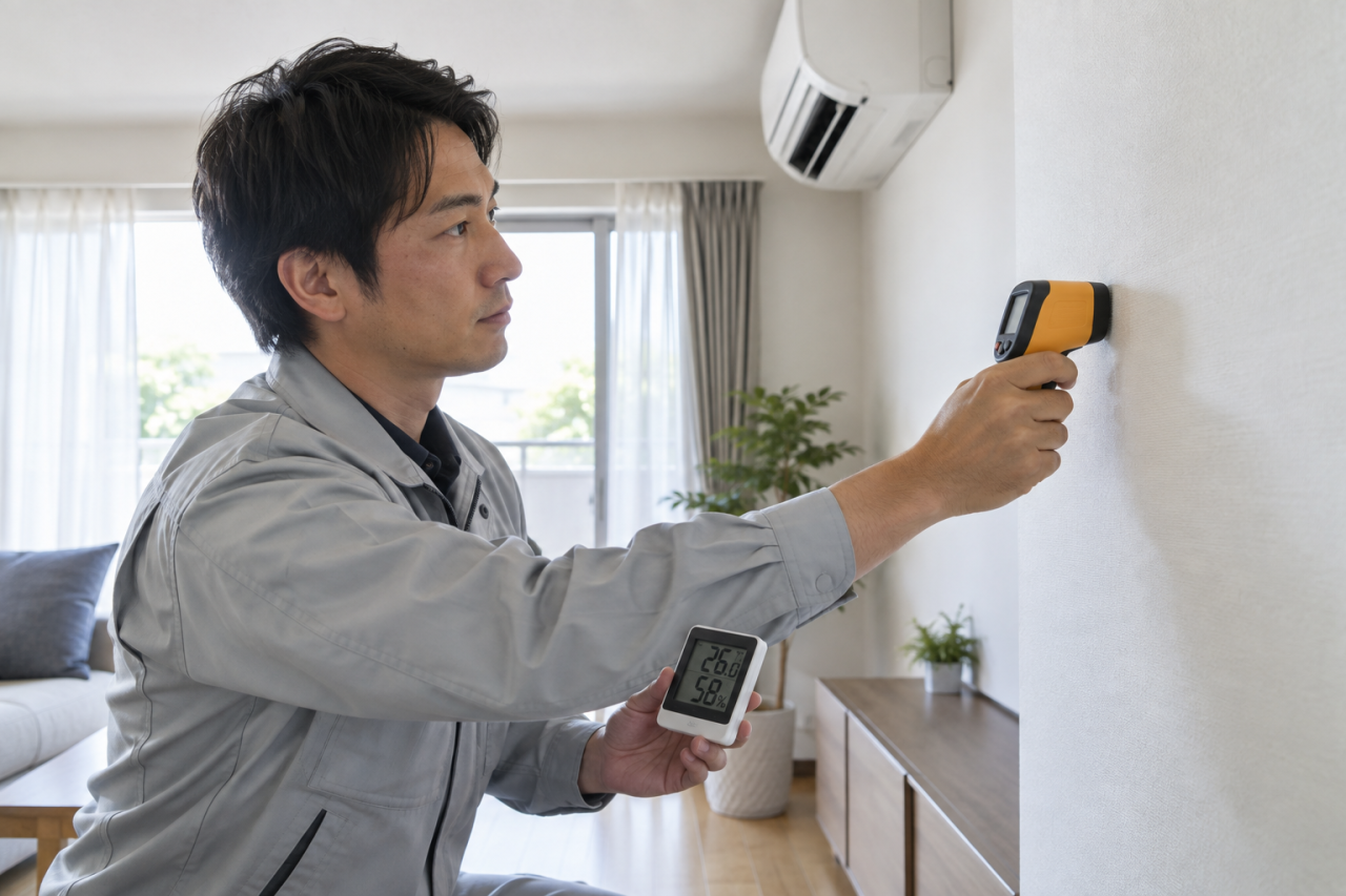 冷房した住宅の壁の表面温度を確認する技術者