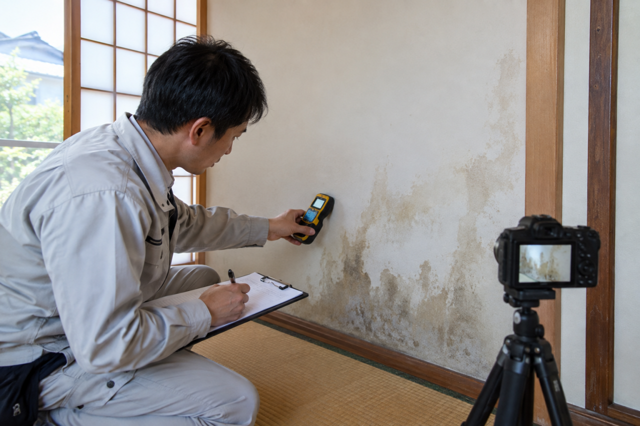 湿った壁を含水率計で調べる住宅調査員