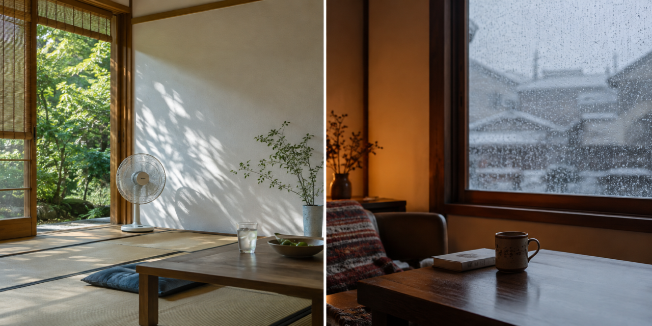 夏の室内と冬の窓際を対比した住宅の写真