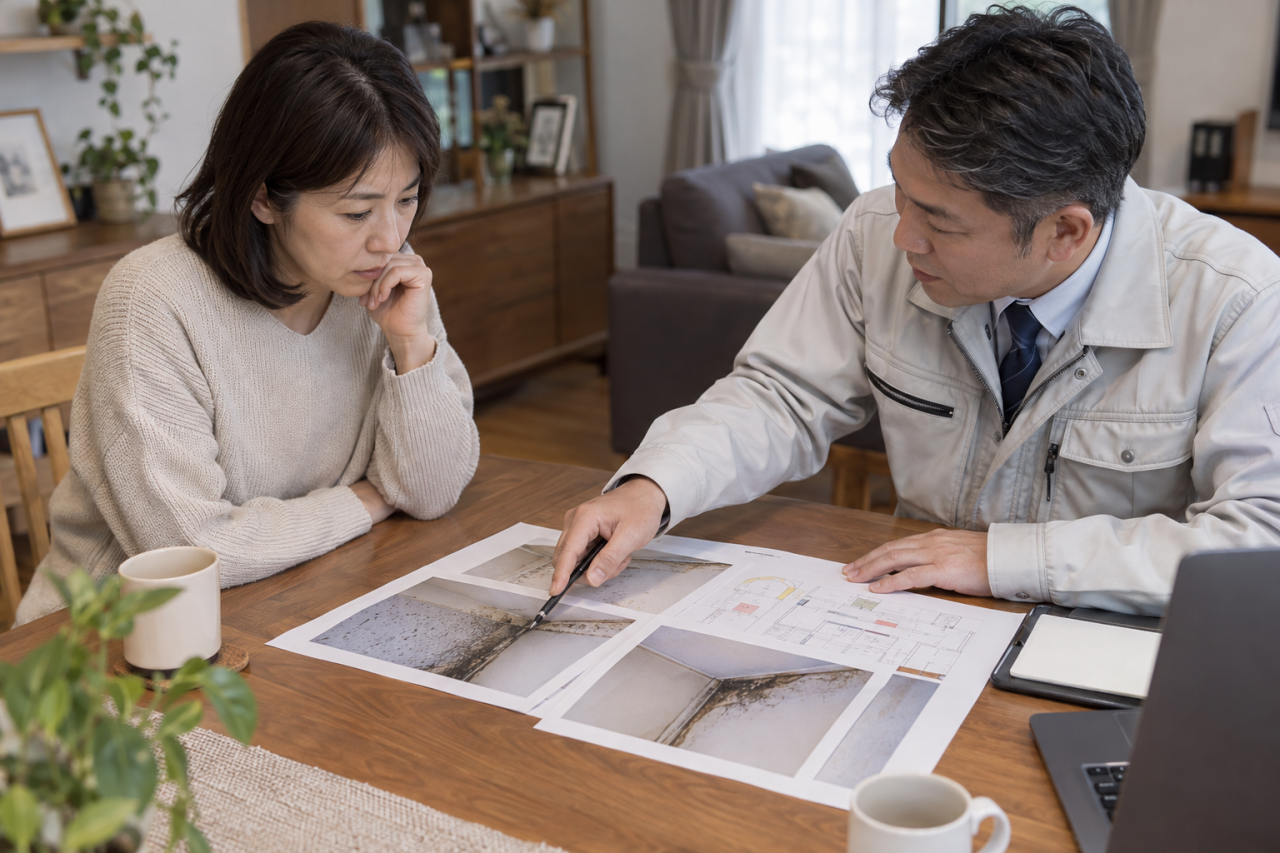 住宅の湿りの調査資料を相談する所有者と専門家