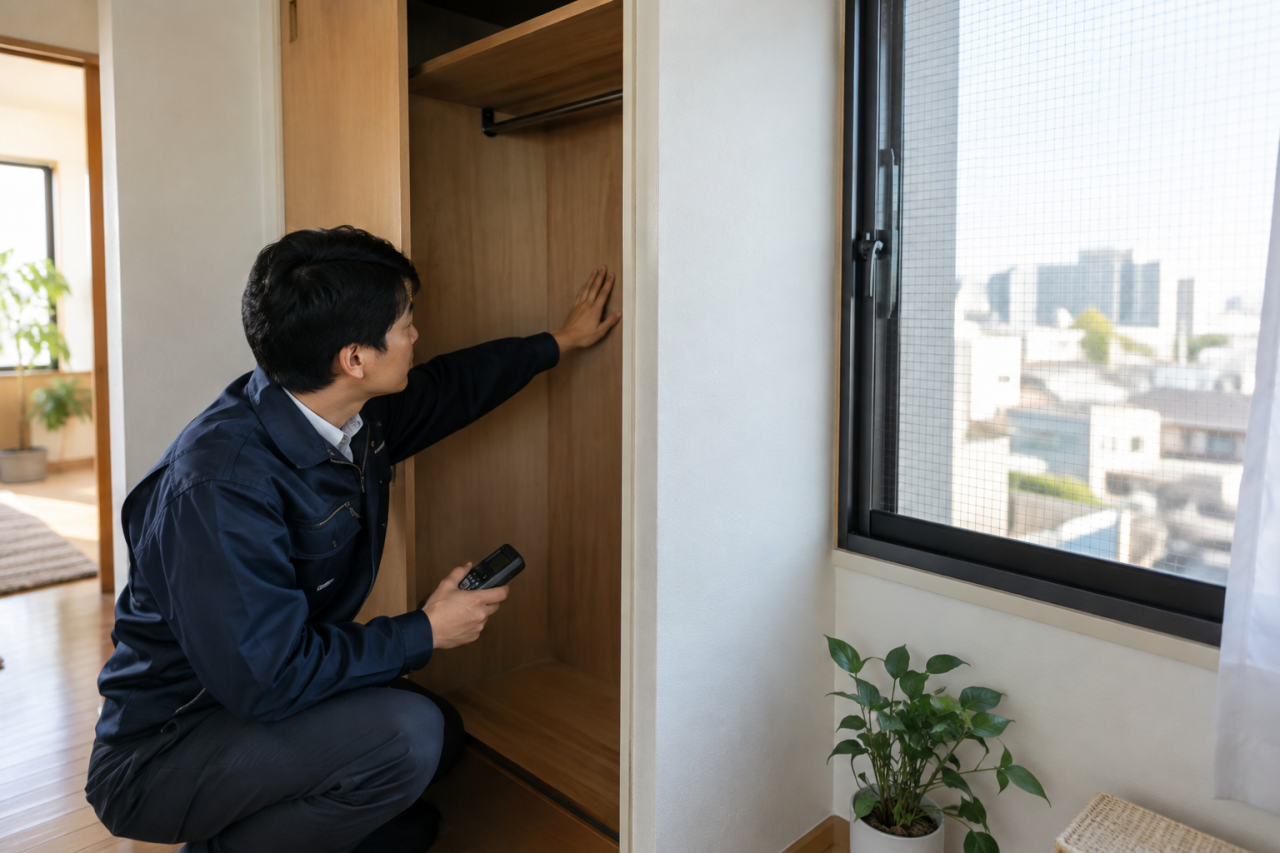 収納の奥の湿りを調べる住宅の専門家
