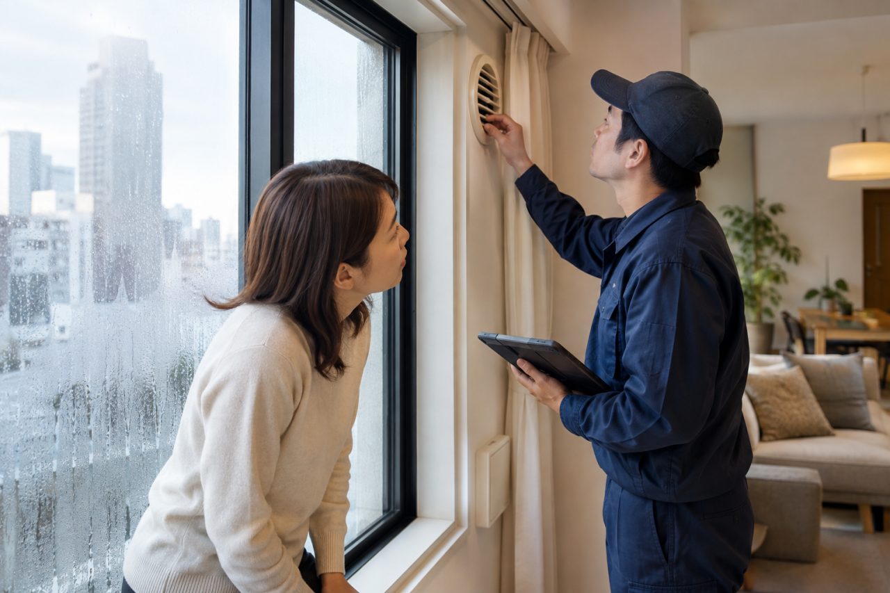 窓の結露と換気を住宅で確認する様子