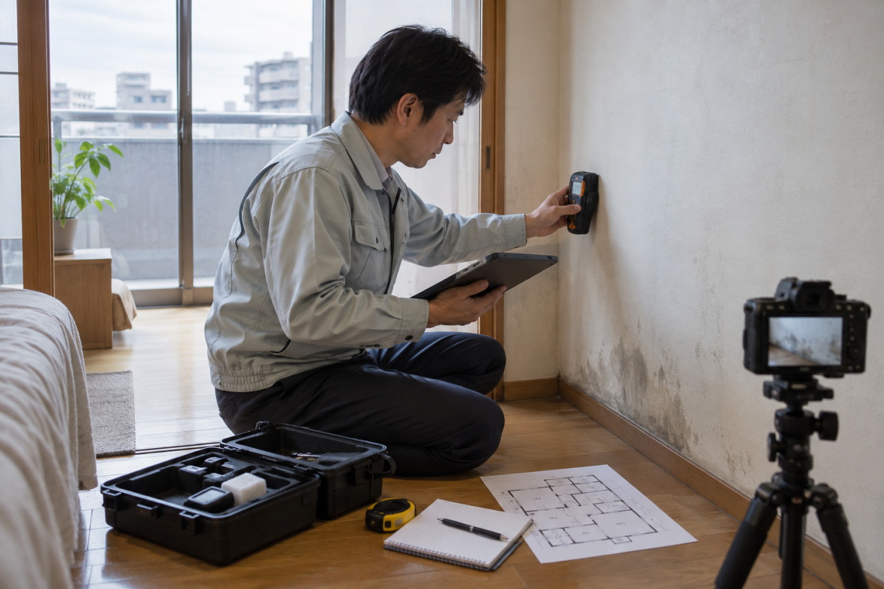 住宅の壁の水分を測定し記録する調査員